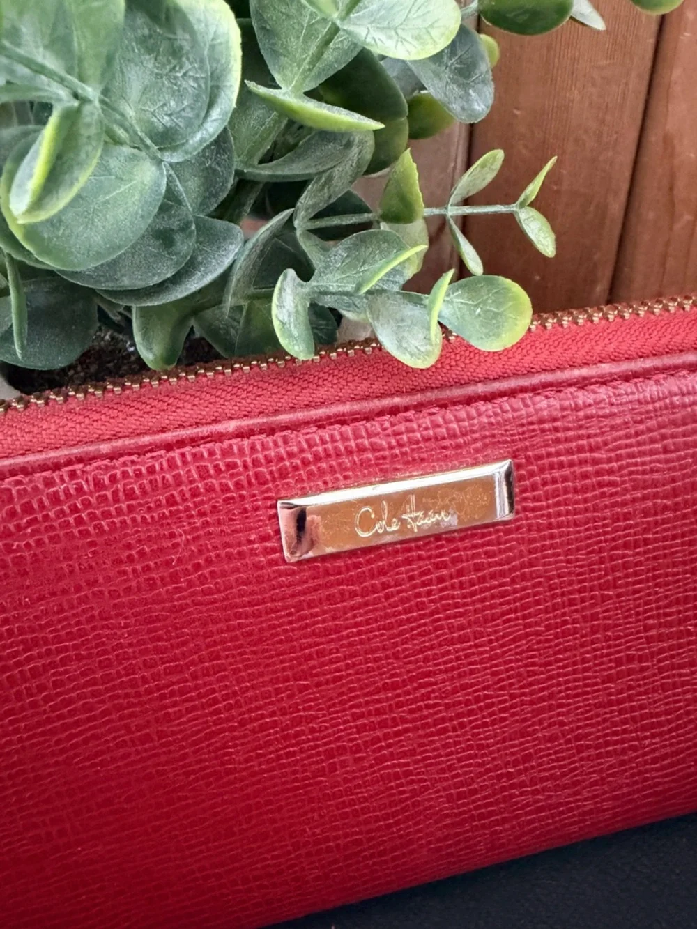 Cole Haan Red Leather Zip Around Wallet Organizer Gold Hardware